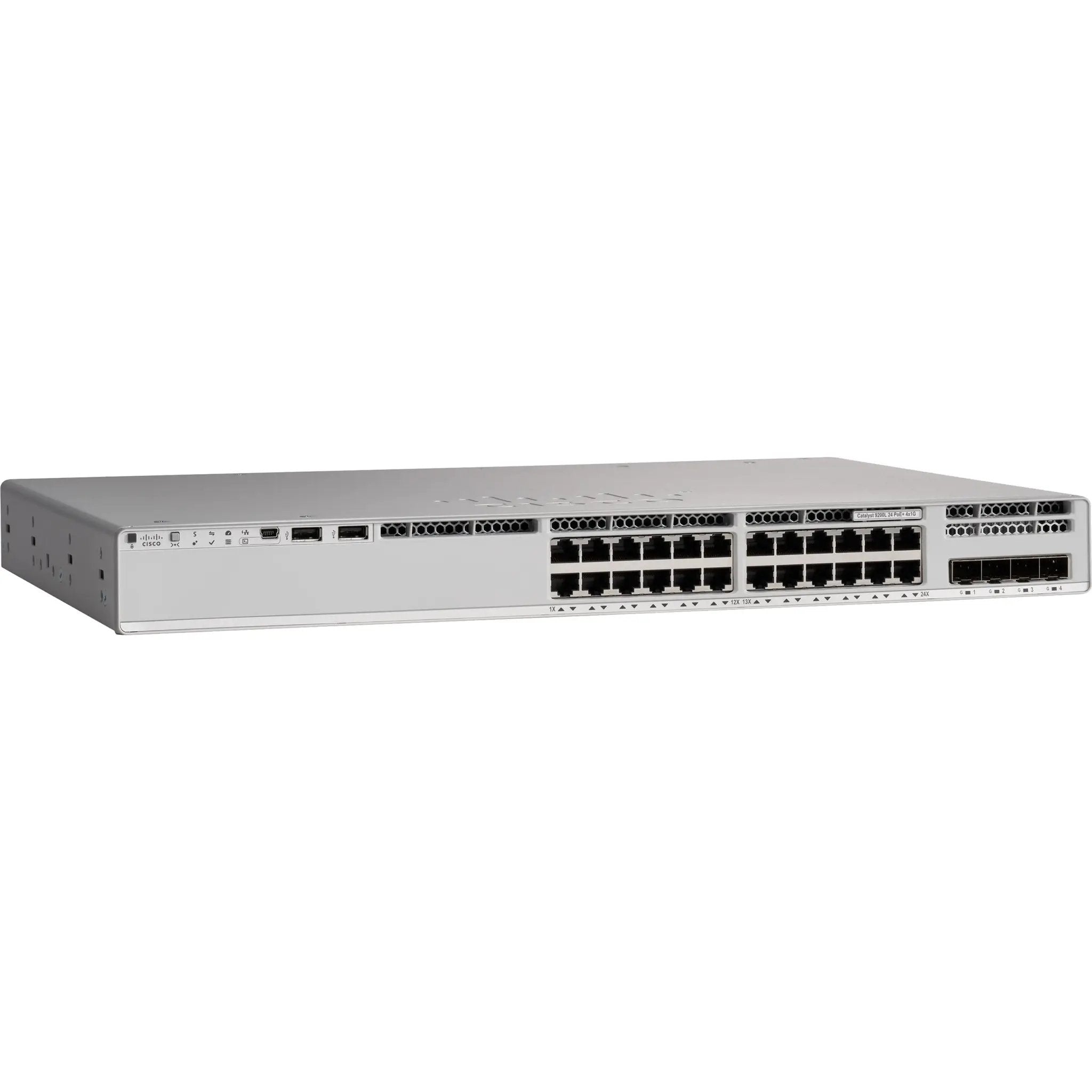 Cisco Catalyst C9200L 24-Port Gigabit PoE SFP Managed Switch, gray, rack-mountable.
