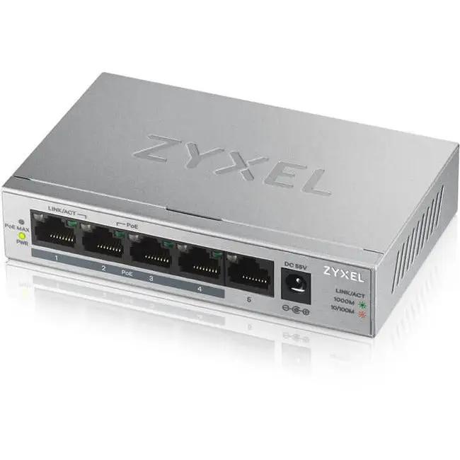 Zyxel GS1005HP 5-Port Gigabit PoE+ Unmanaged Switch, silver metal housing, desktop or wall-mount