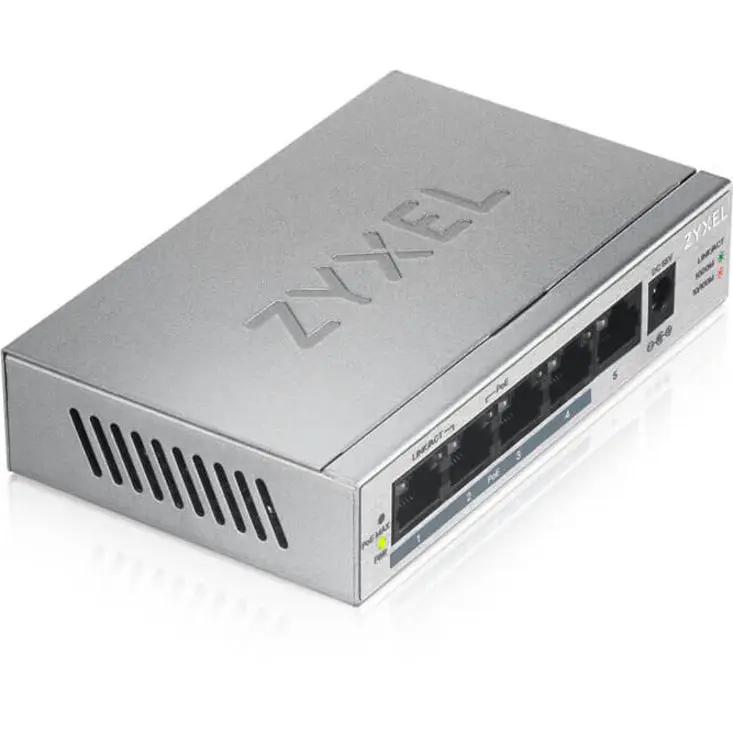 Zyxel GS1005HP 5-port Gigabit PoE+ unmanaged switch in silver metal housing; desktop or wall-mount