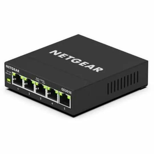 Netgear GS305E 5-Port Managed Switch, black Ethernet switch with green LED indicators