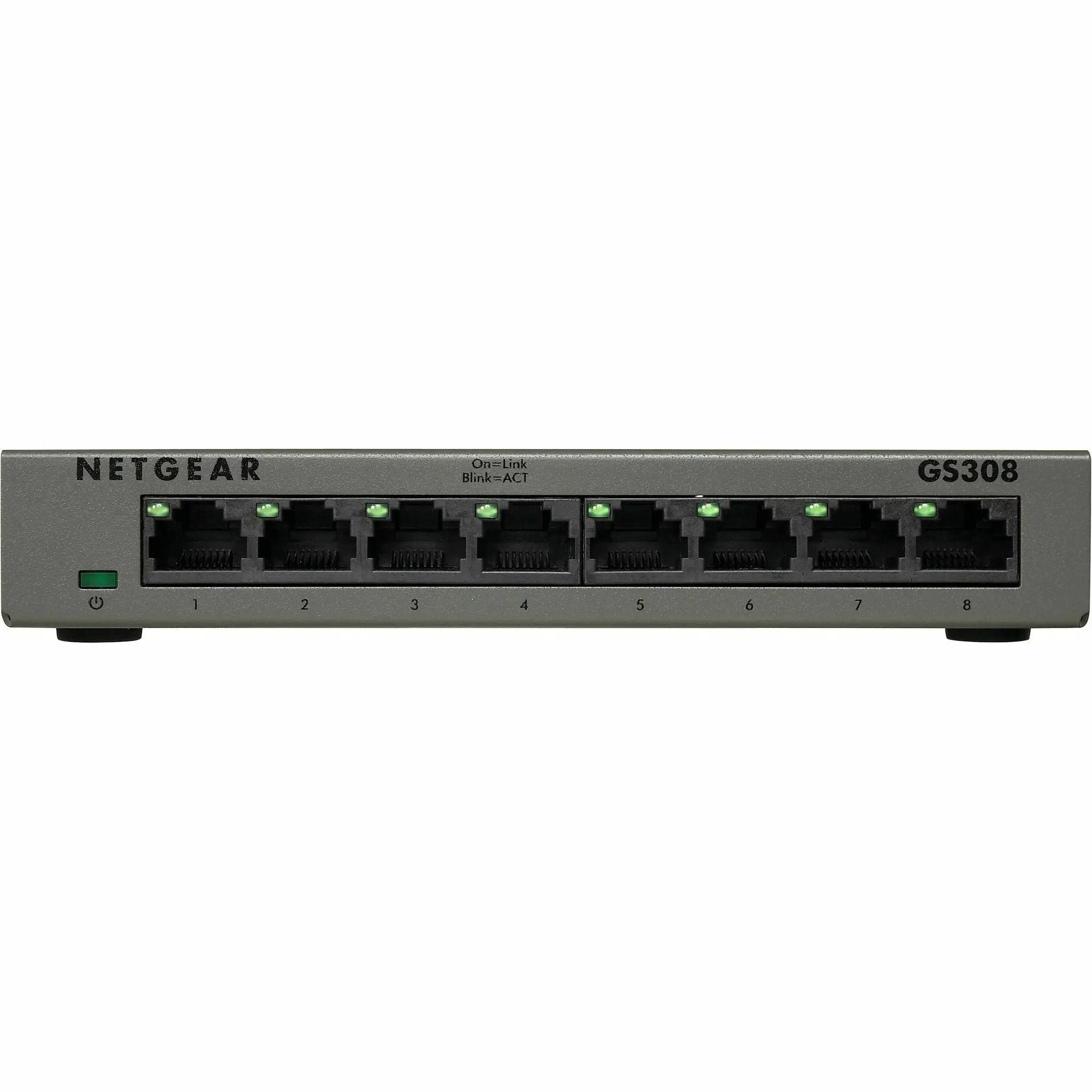 Netgear GS308 8-port Gigabit unmanaged switch front panel with green LEDs