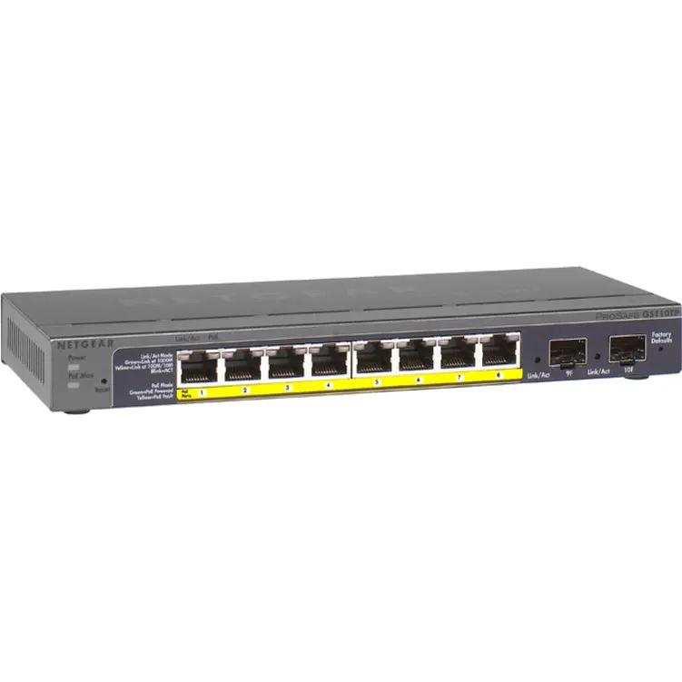 NETGEAR ProSafe GS110TP 10-Port Gigabit Managed Switch, gray chassis with yellow port labels.