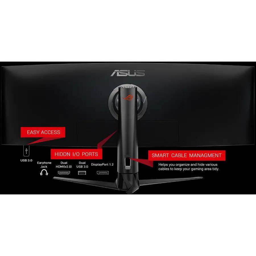 Asus ROG Strix XG49VQ 49-inch curved gaming monitor; black with rear USB 3.0, HDMI and DisplayPort ports.