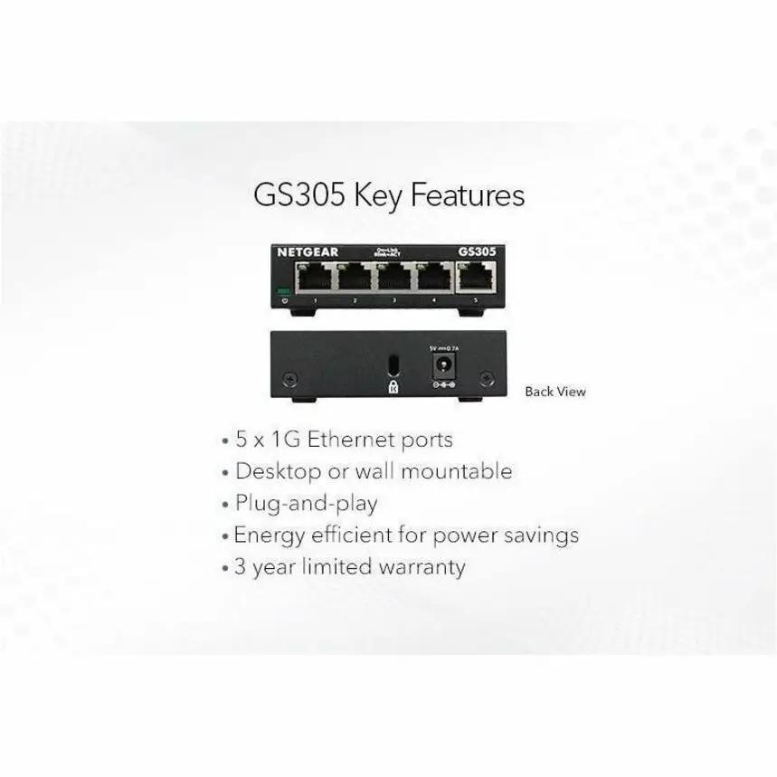 NETGEAR GS305 5-Port Gigabit Ethernet switch, desktop or wall-mountable