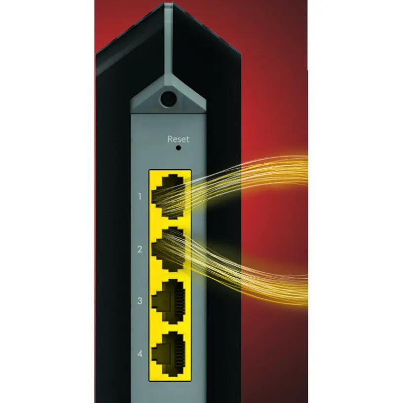 NETGEAR Nighthawk CM1200 32x8 DOCSIS 3.1 modem with black body and four yellow Ethernet ports