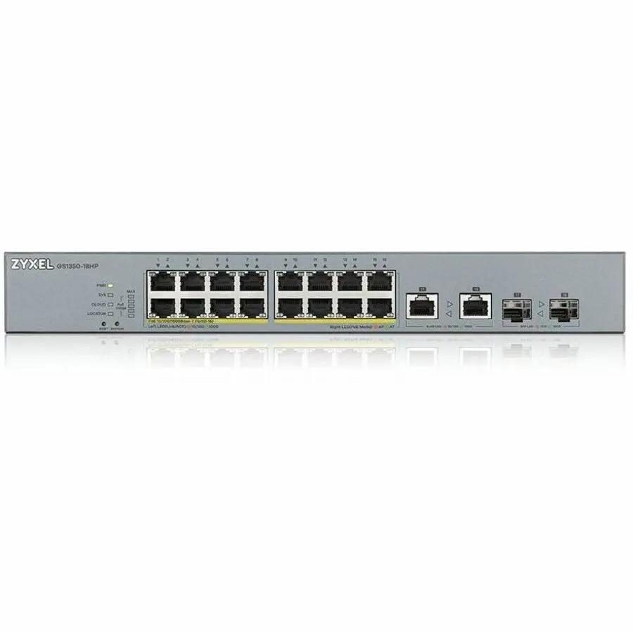 Zyxel GS1350 16-Port Gigabit PoE+ SFP Switch in gray metal enclosure with 2 SFP uplinks