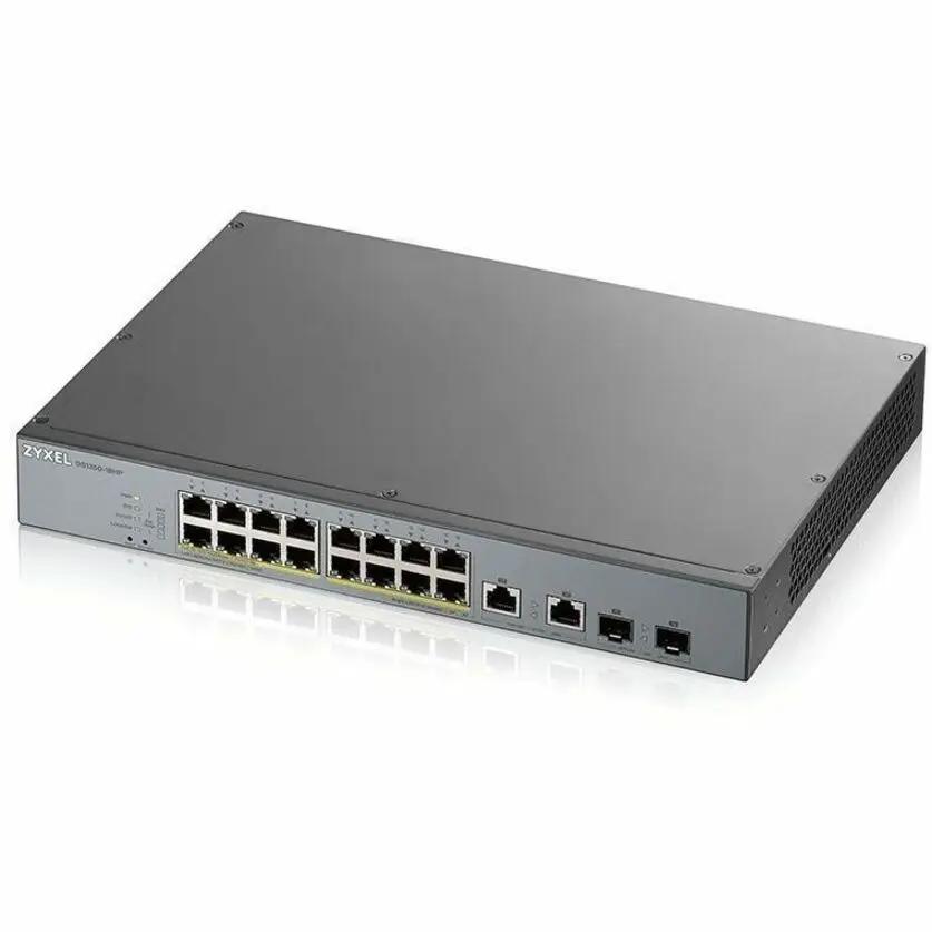 Zyxel GS1350 16-Port Gigabit PoE+ SFP Switch, gray metal chassis with 16 PoE+ ports and 2 SFP uplinks