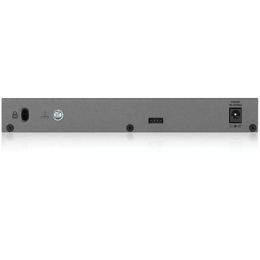 Zyxel Nebula GS1350 5-Port Gigabit SFP managed switch back panel in gray metal enclosure with power input on the right