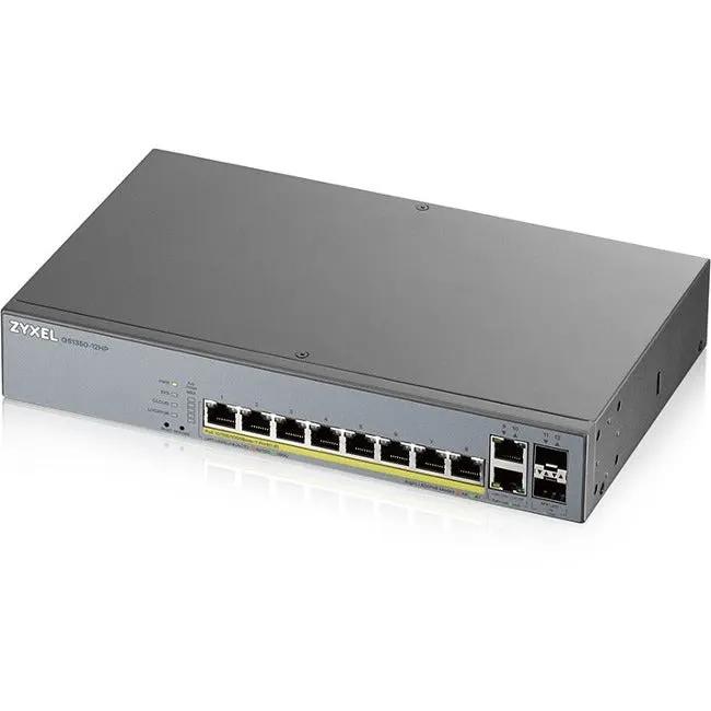 Zyxel Nebula GS1350 8-Port Gigabit PoE+ SFP switch with dual uplink SFPs, cloud-managed gray metal enclosure