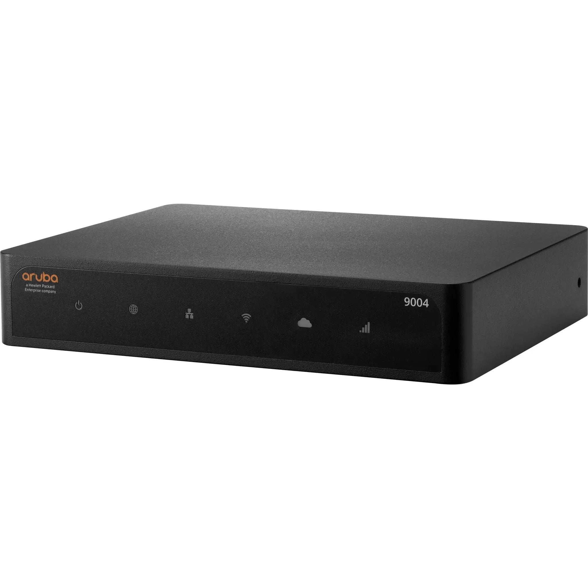 Aruba 9004-US 4-Port GbE gateway router, black metal enclosure on dark gray desk