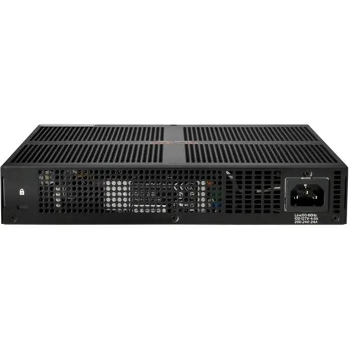 Aruba 2930F 12G PoE+ switch, black metal rack-mount network switch, rear view