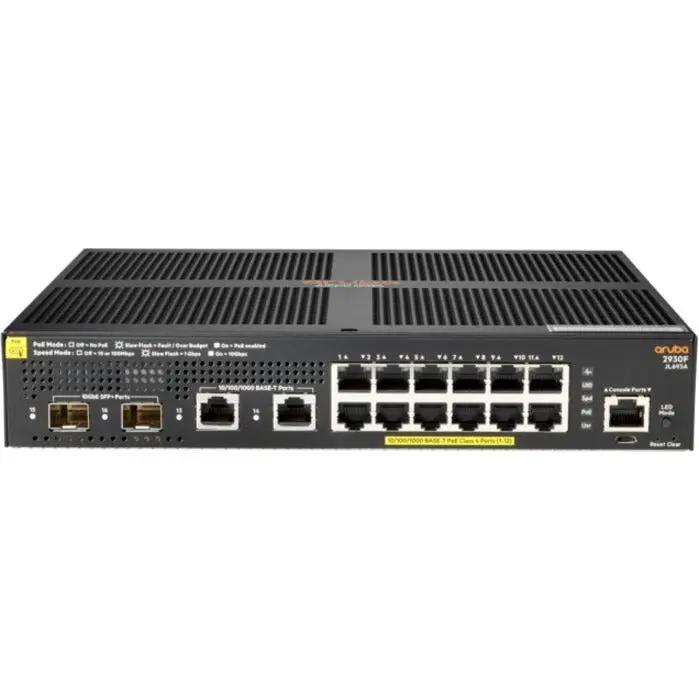 Aruba 2930F 12G PoE+ switch, black 1U rack-mount with front-panel Ethernet ports.