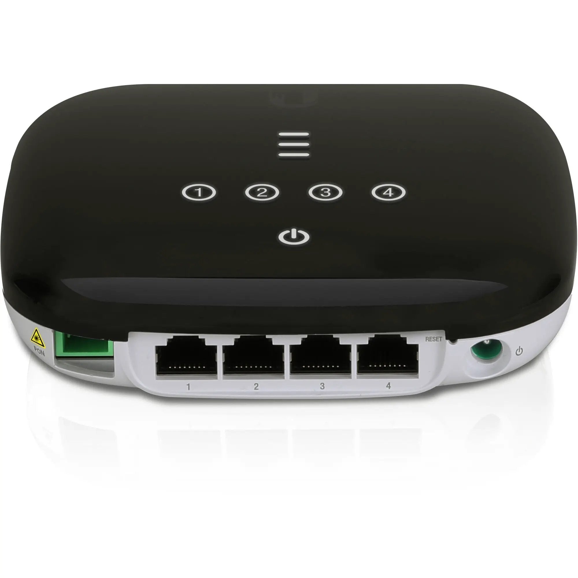 Ubiquiti UFiber UF-WiFi 4-Port Gigabit Router black top view showing four numbered Ethernet ports 1–4 and power button