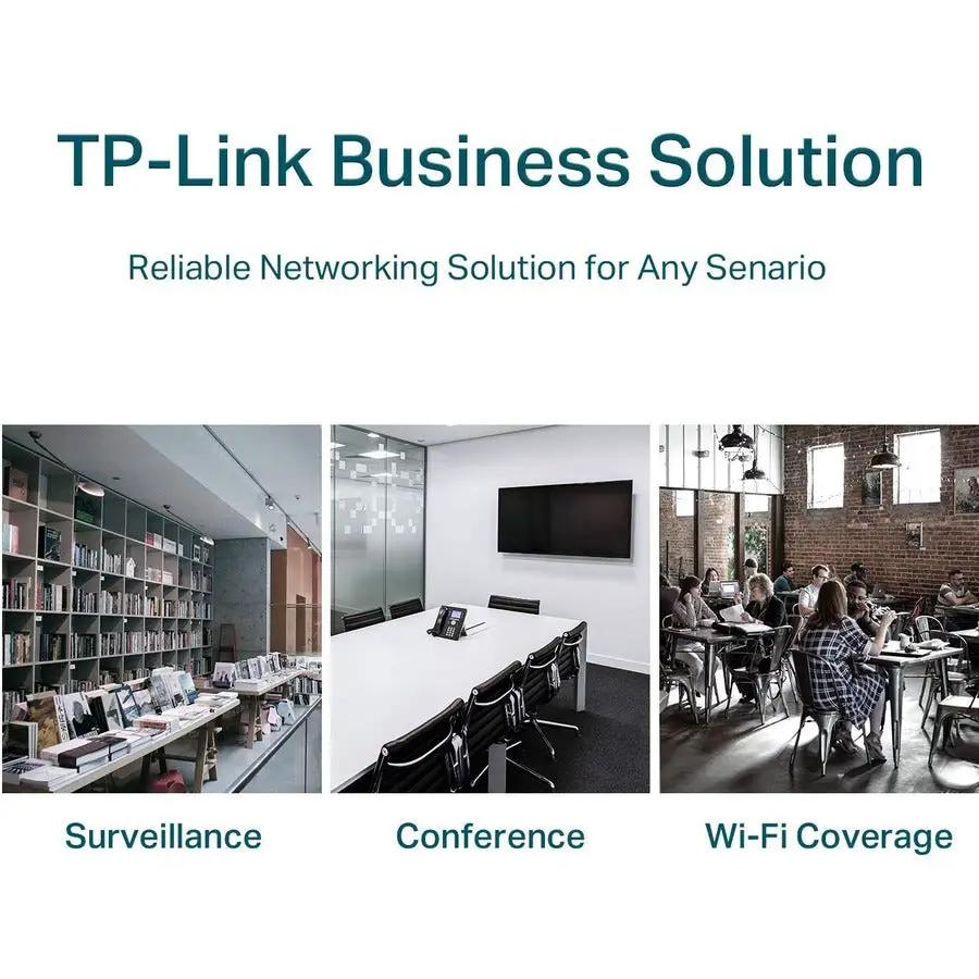 TP-Link JetStream TL-SG1218MPE 16-Port Gigabit PoE+ switch on a TP-Link Business Solution banner in an office setting.