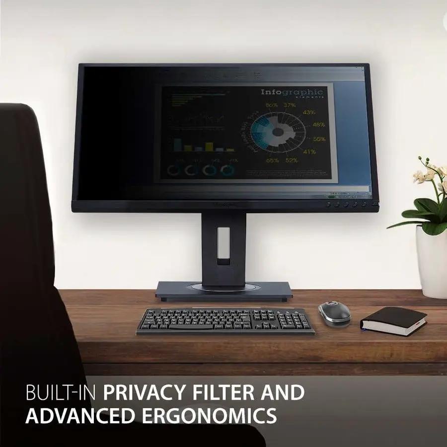 ViewSonic VG2448-PF 24-inch IPS monitor on a desk with keyboard and mouse; built-in privacy filter