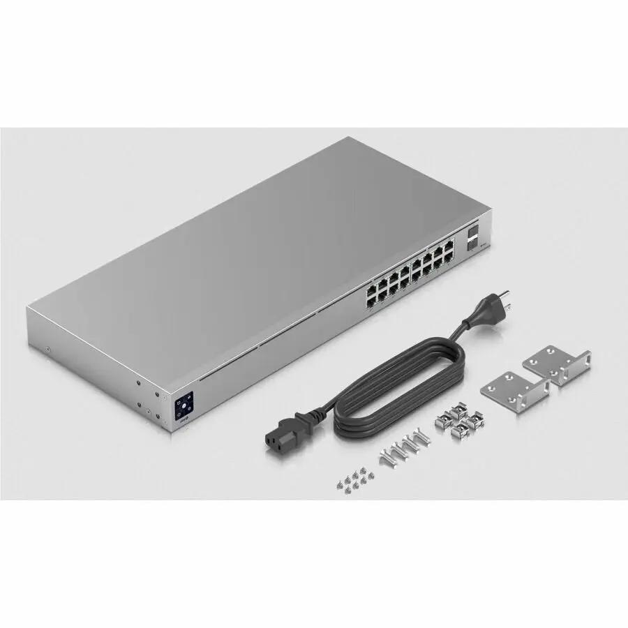 Ubiquiti UniFi USW 16-Port PoE SFP managed switch with power cord and mounting brackets.
