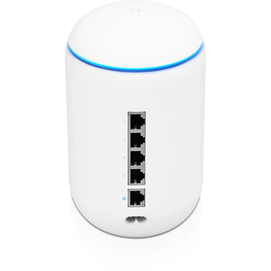 UniFi UDM 4-Port Gigabit WiFi 5 Router, white rounded device with blue LED ring and 4 Ethernet ports.