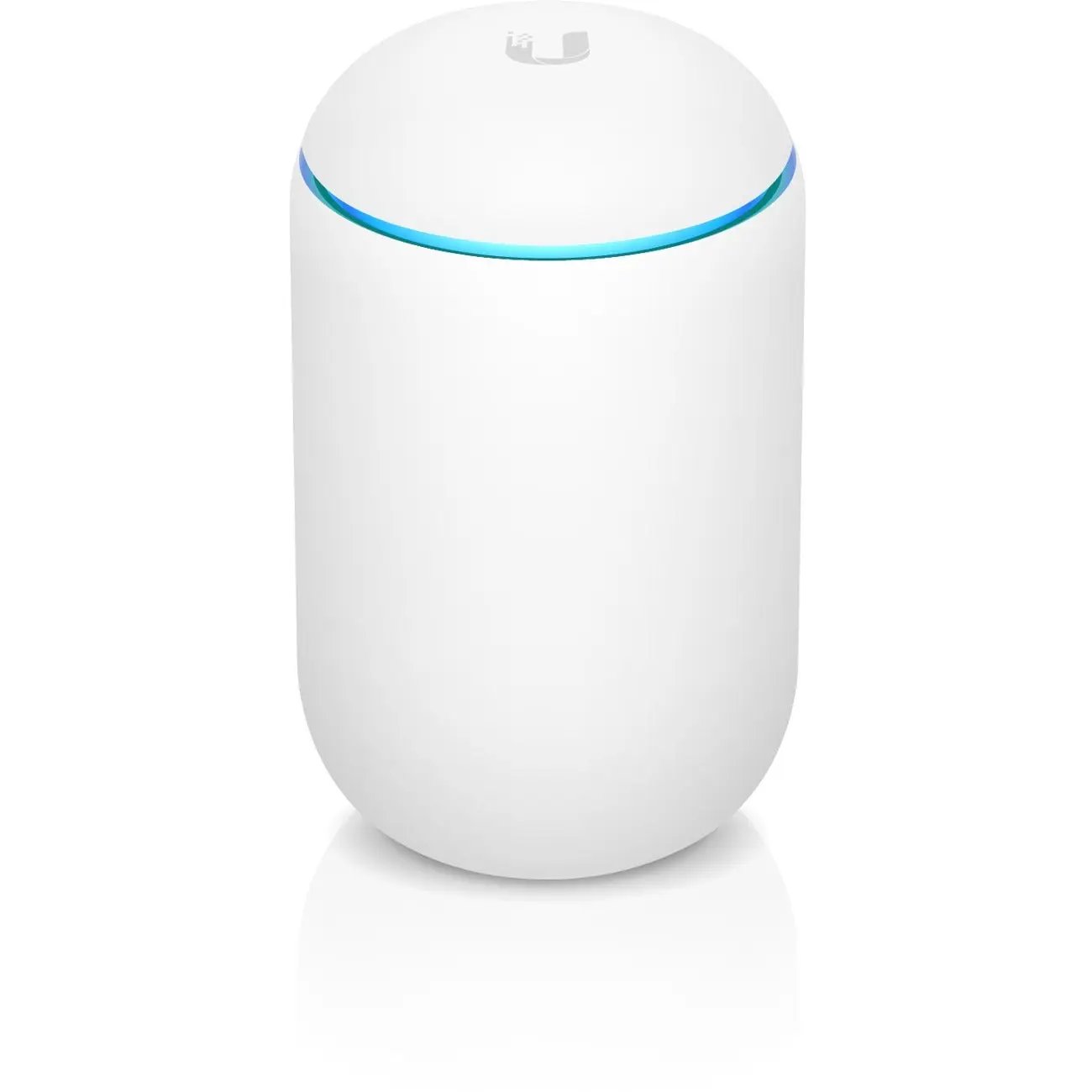 Ubiquiti UniFi UDM 4-Port Gigabit WiFi 5 router; white cylindrical device with blue accent ring and top logo.
