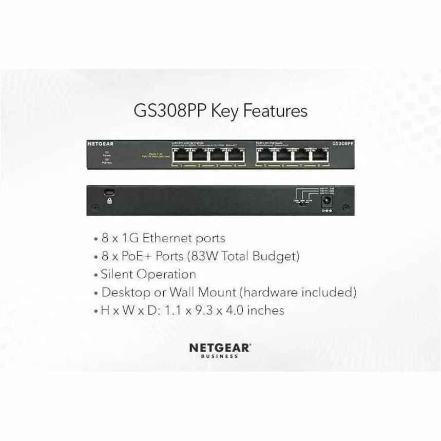 NETGEAR GS308PP 8-Port Gigabit PoE+ Unmanaged Switch; 83W PoE budget, desktop or wall-mount, silent operation.