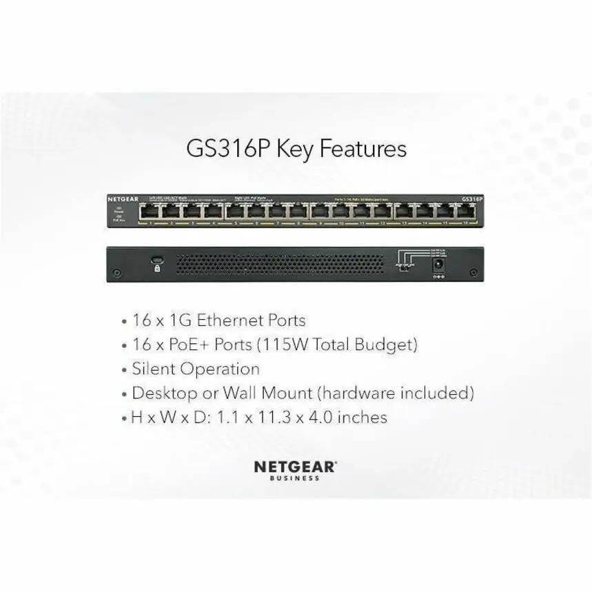 NETGEAR GS316P 16-Port Gigabit PoE Unmanaged Switch with silent operation, desktop or wall-mount, 115W PoE budget