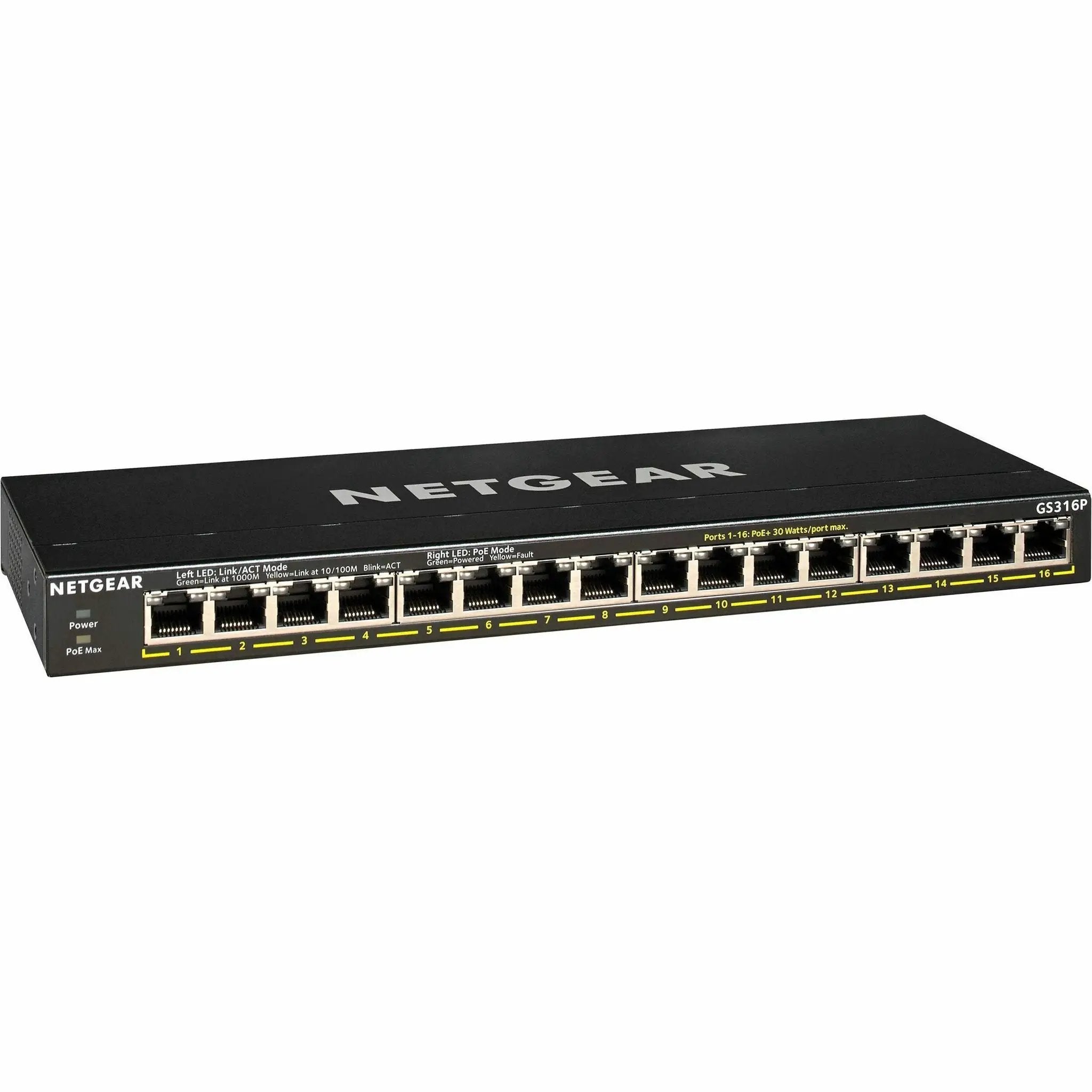 NETGEAR GS316P 16-port Gigabit PoE unmanaged switch, black chassis