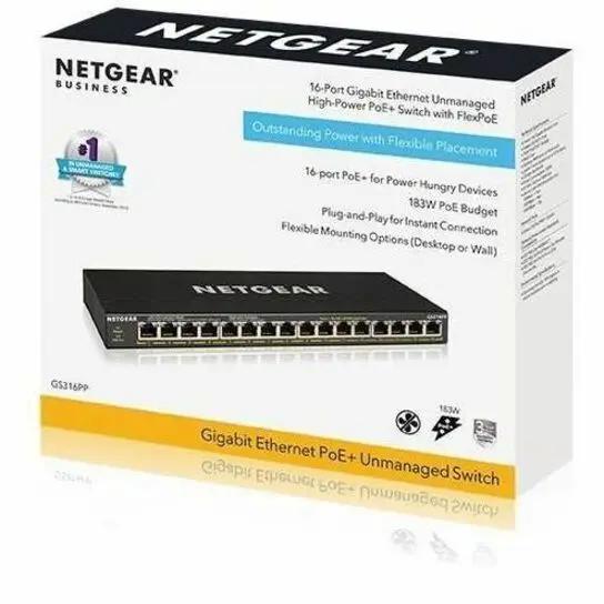NETGEAR GS316PP 16-Port Gigabit PoE+ Unmanaged Switch on product box