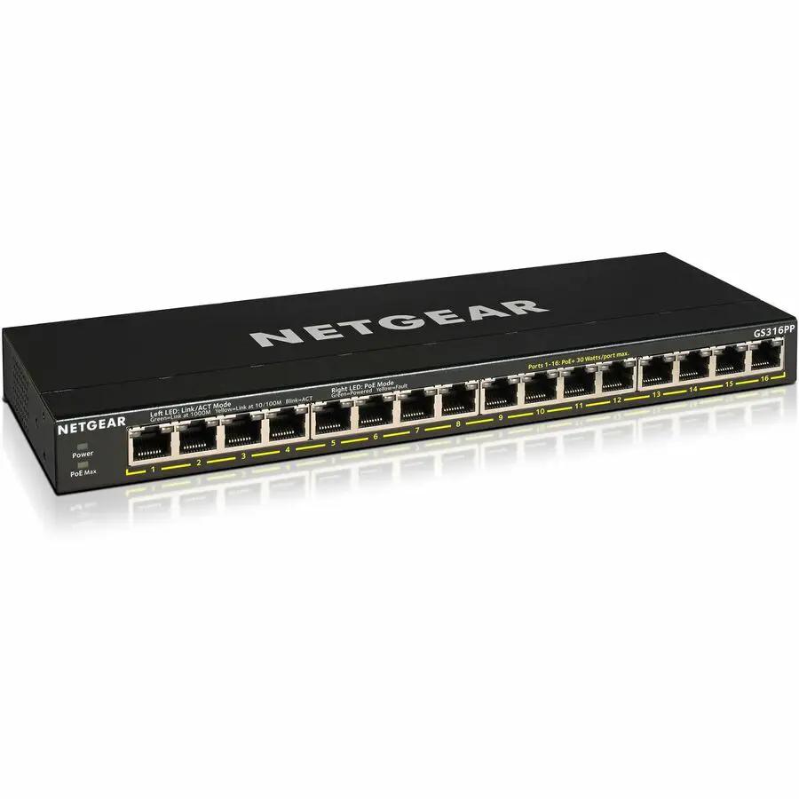 NETGEAR GS316PP 16-Port Gigabit PoE Ethernet switch on white background