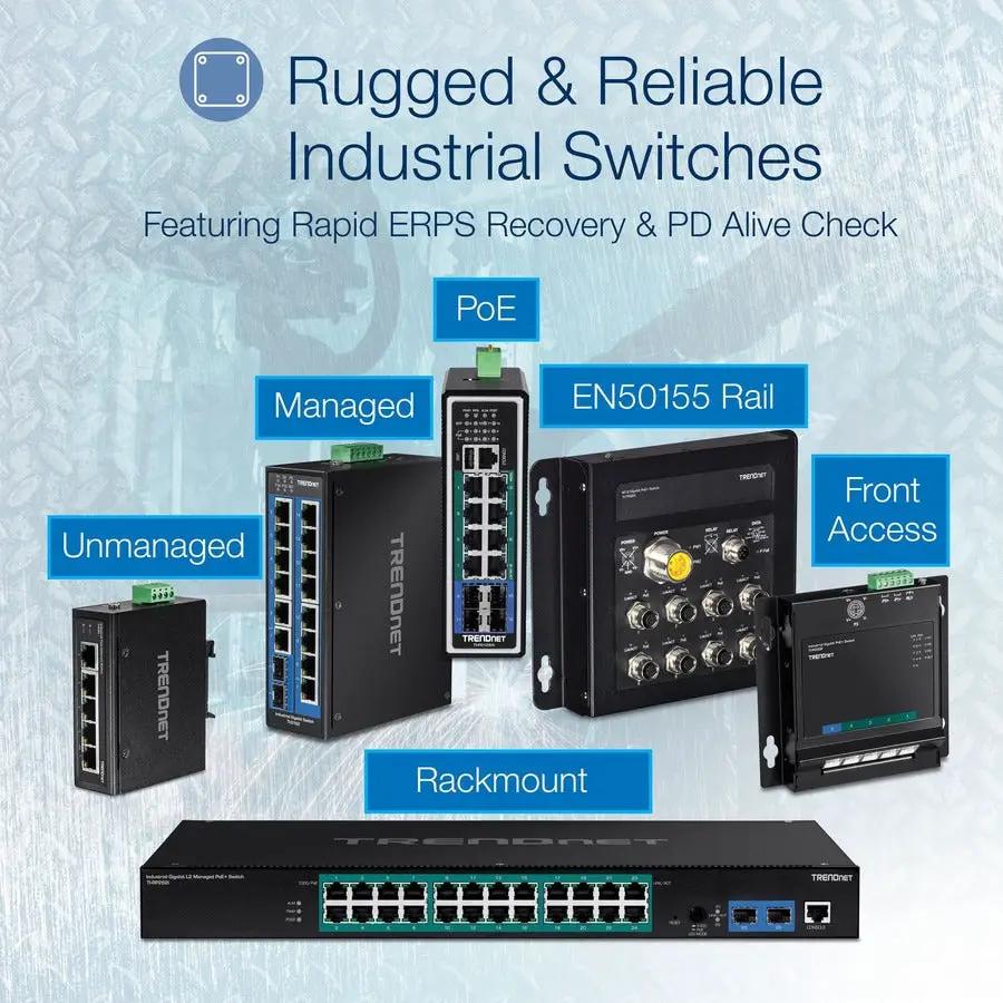 TRENDnet TI-PG50 5-Port Gigabit PoE+ Unmanaged Industrial Switch, rugged DIN-rail rackmount bundle
