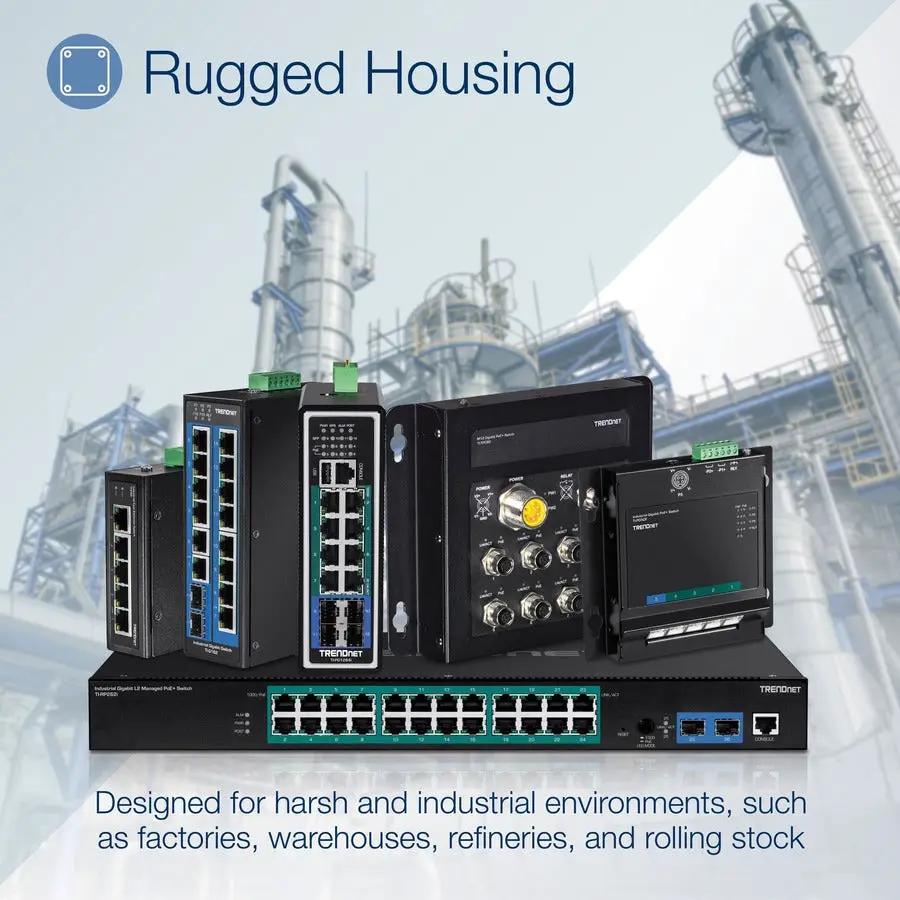 TRENDnet TI-PG50 Industrial 5-Port Gigabit PoE+ Unmanaged Switches set in rugged black metal housings
