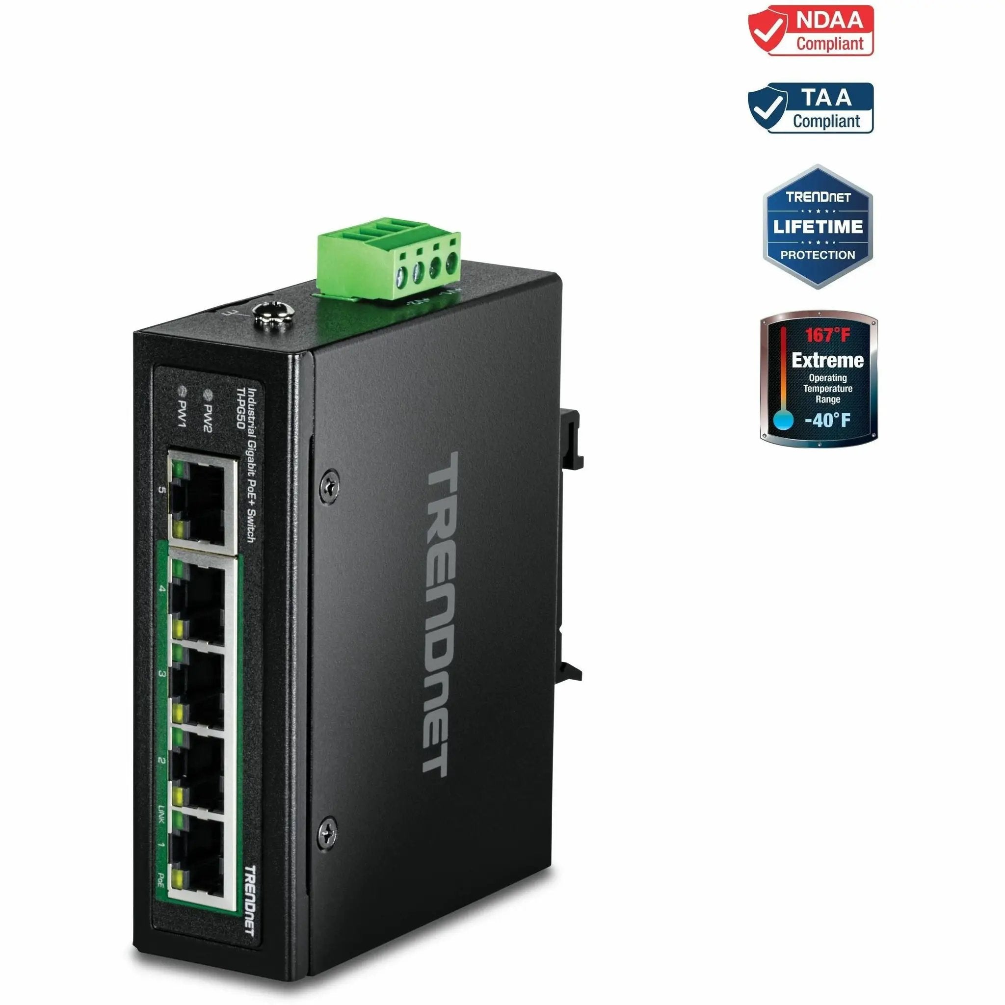 TRENDnet TI-PG50 industrial 5-port Gigabit PoE+ unmanaged switch on DIN-rail
