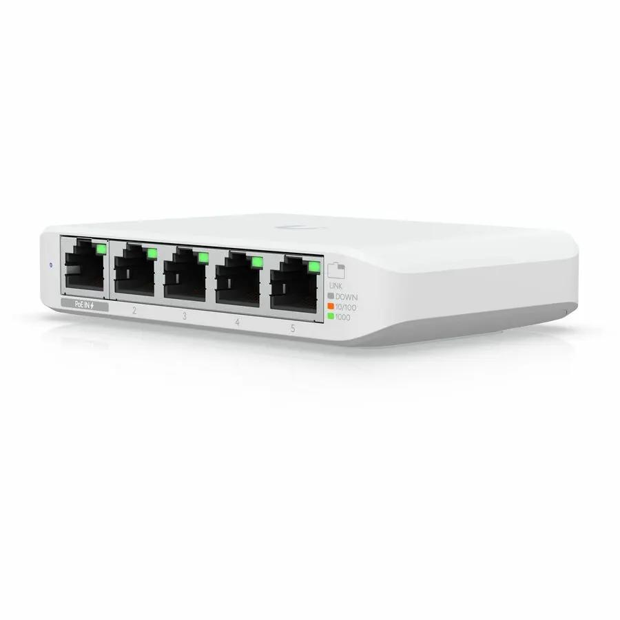 Ubiquiti UniFi USW-FlexMini 5-Port PoE Gigabit switch, white with green LED indicators