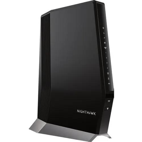 NETGEAR Nighthawk CAX80 router, black, four-port Gigabit WiFi 6, standing upright on surface.