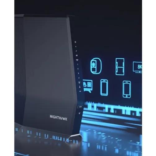 NETGEAR Nighthawk CAX80 router; black vertical WiFi 6 device with blue glow.
