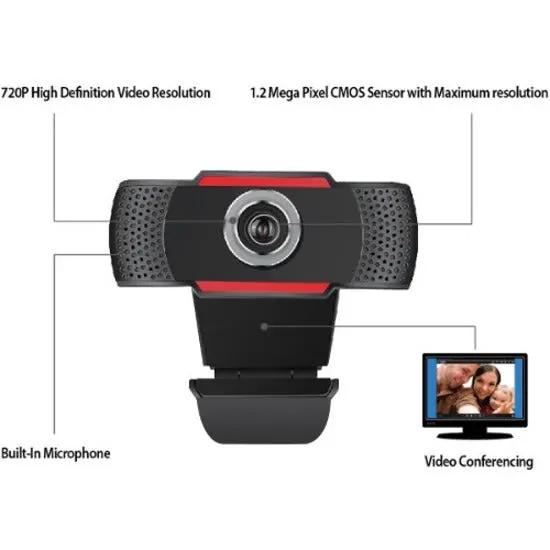 Adesso CyberTrack H3 webcam on mounting stand; black with red accents; 1.3 MP, USB 2.0, built-in microphone.