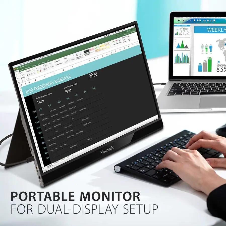 ViewSonic VG1655 15.6-inch 1080p IPS portable monitor on desk with built-in stand.