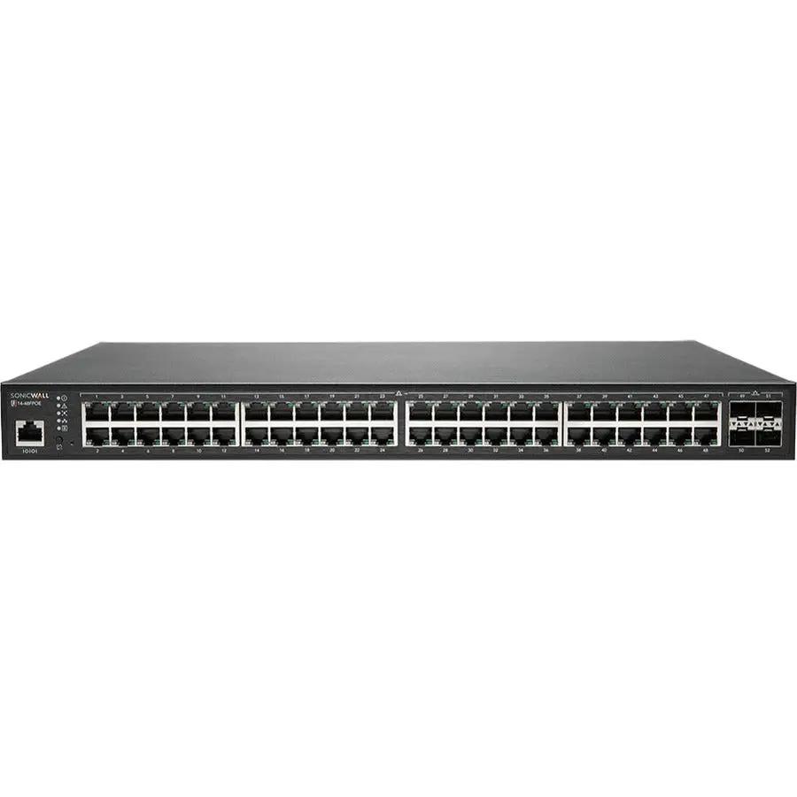 SonicWall SWS14 48-Port PoE switch, black rack-mountable network switch