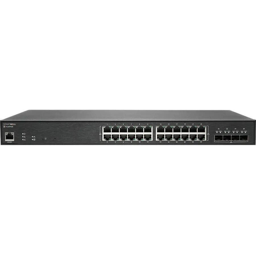 SonicWall SWS14 24-Port PoE switch front view with 24 RJ-45 ports.