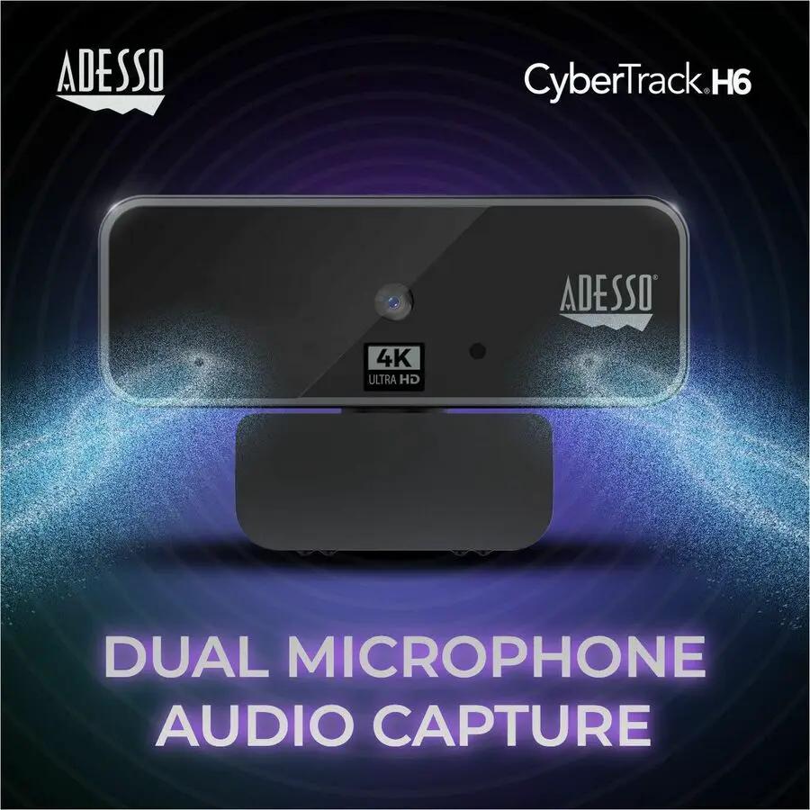 Adesso CyberTrack H6 4K webcam on desk with tripod mount, black
