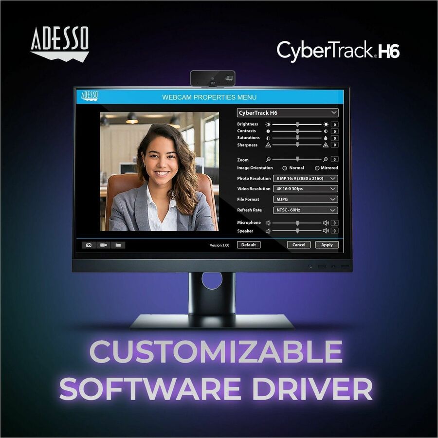 Adesso CyberTrack H6 4K webcam on a black monitor; on-screen software driver UI