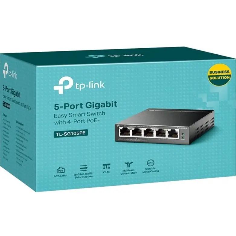 TP-Link TL-SG105PE 5-Port Gigabit PoE+ Switch on teal packaging box