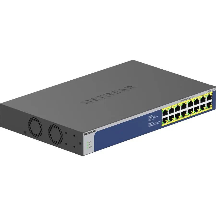 NETGEAR ProSAFE GS516PP 16-port Gigabit PoE+ unmanaged switch, gray with blue front panel