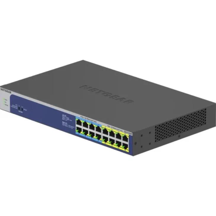 Netgear ProSAFE GS516UP 16-port Gigabit PoE+ unmanaged switch, gray with blue front panel.