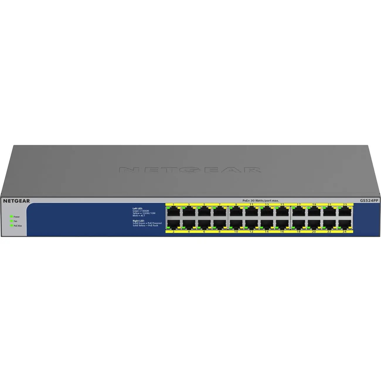 NETGEAR ProSafe GS524PP 24-port PoE+ switch with grey chassis and blue front panel LEDs