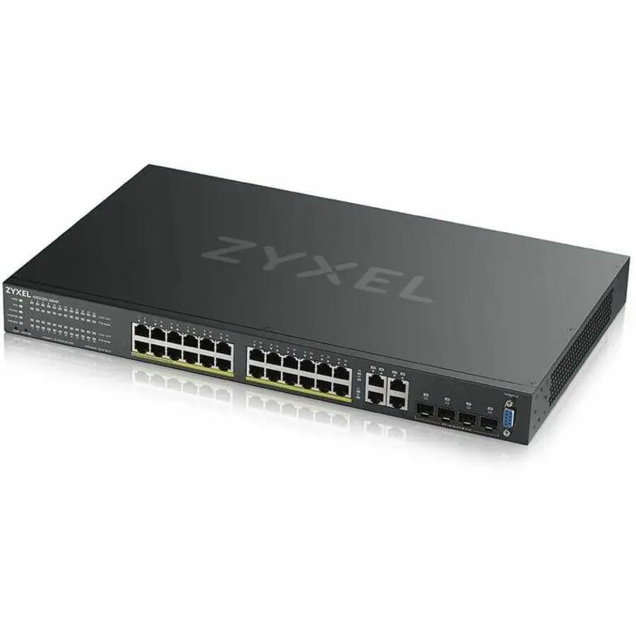 Zyxel Nebula GS2220 28-Port Gigabit PoE+ SFP managed switch, black chassis with 24 PoE+ RJ45 ports and 4 SFP uplinks