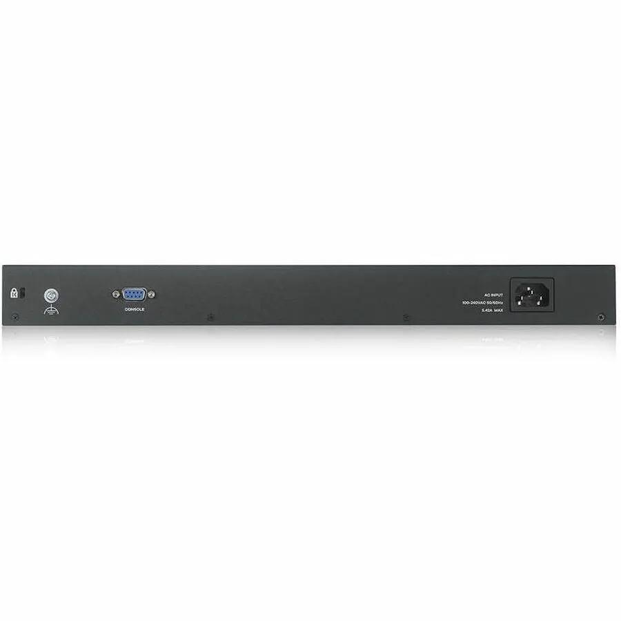 ZYXEL GS2220 48-port Gigabit PoE+ managed switch, black rack-mount chassis with console port and power inlet.