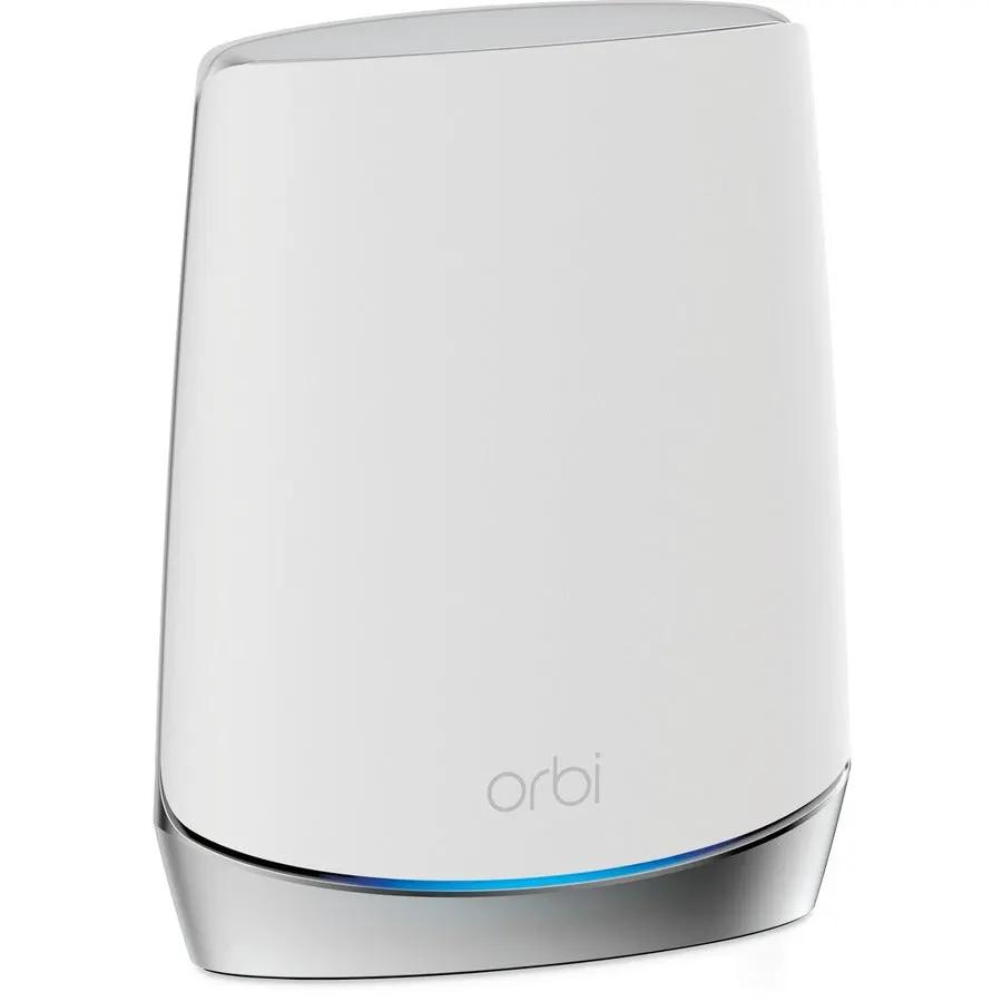 Netgear Orbi WiFi6 router, white vertical tower with blue LED accent.