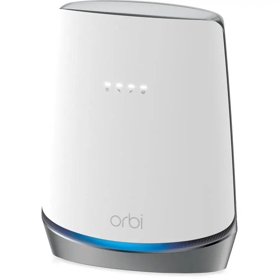 Netgear Orbi WiFi 6 router; white vertical unit with blue LED strip at base.