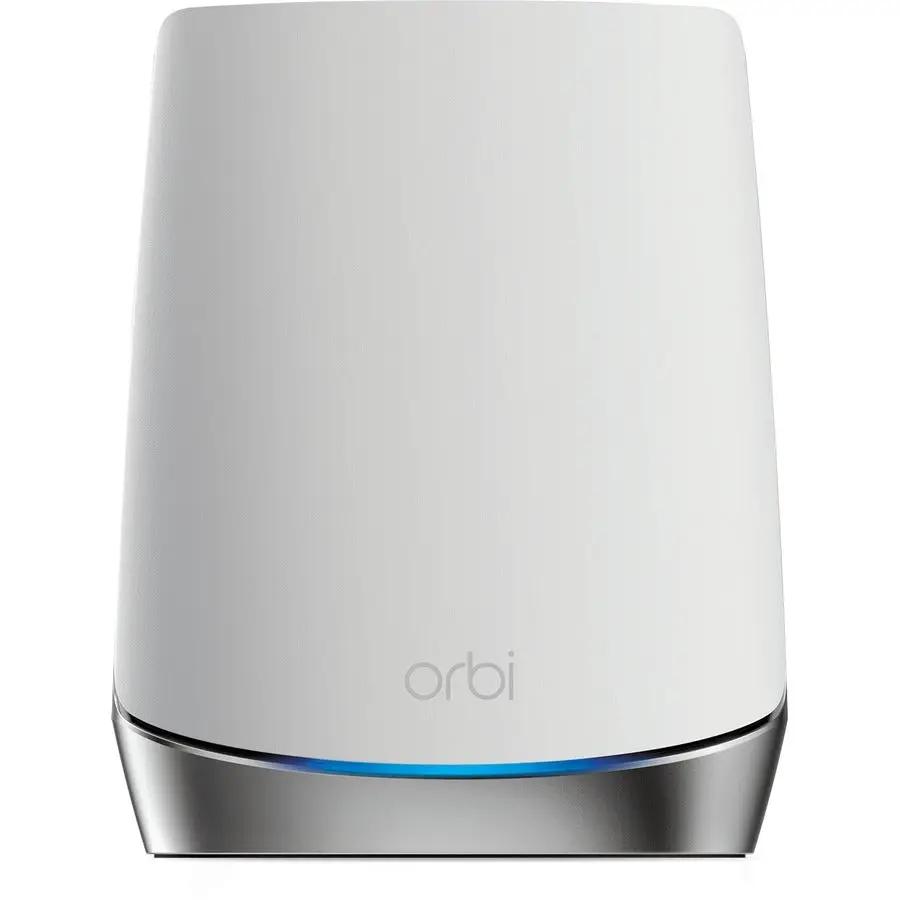 Netgear Orbi WiFi 6 router, white cylindrical body with silver base and blue LED ring.