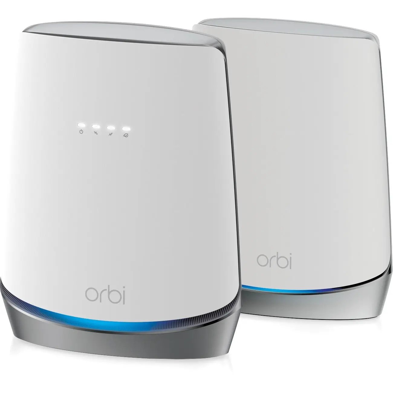 Netgear Orbi WiFi 6 router mesh system; two white towers with blue LED bases.