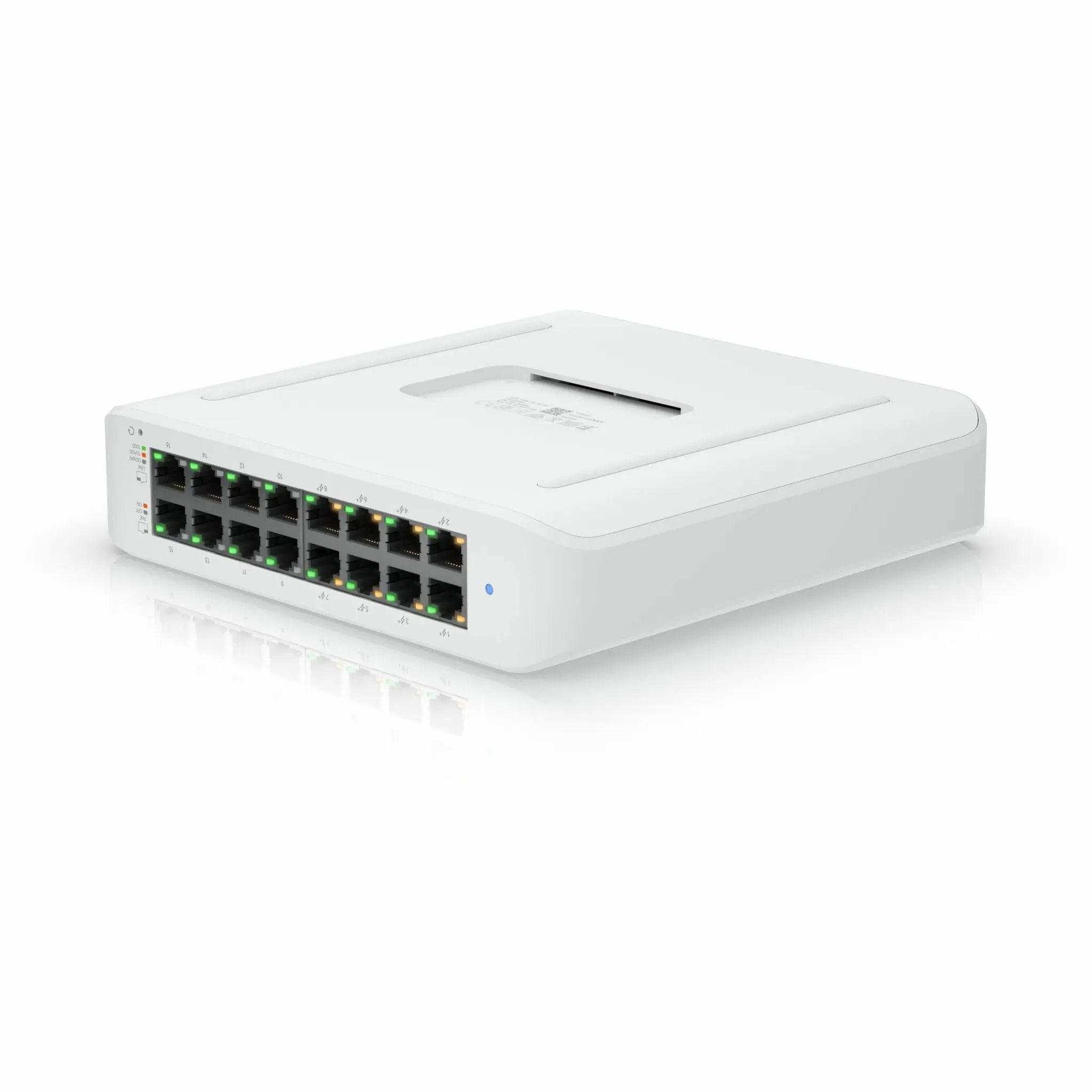 Ubiquiti UniFi USW-Lite-16-PoE 16-port Gigabit PoE switch, white front panel with LEDs